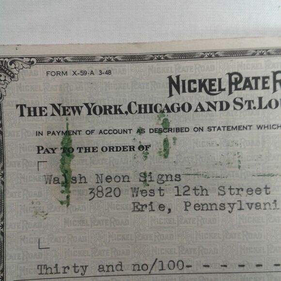 Canceled check  Nickel Plate Railroad to Walsh Neon Sign (Pennsylvania)  1949 - Picture 8 of 8